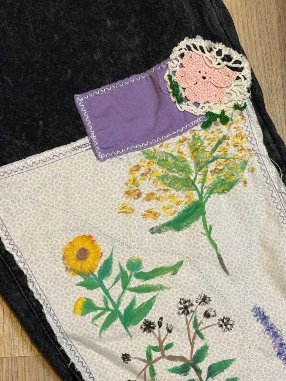 Upcycled Hand Painted Botanical Floral Patchwork Cropped Baggy Jeans